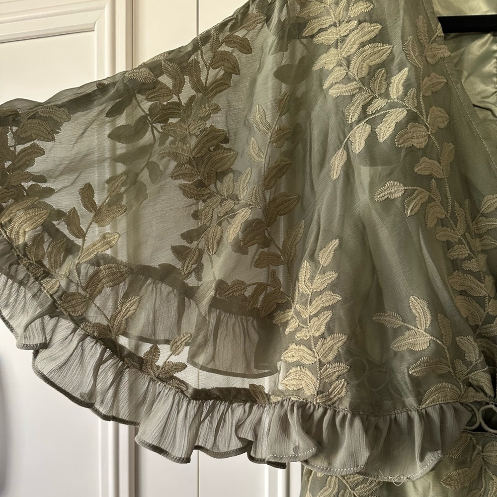 Saints + Secrets Embroidered Ruffle Mini Dress Sage Green, Size M - Picture 5 of 11